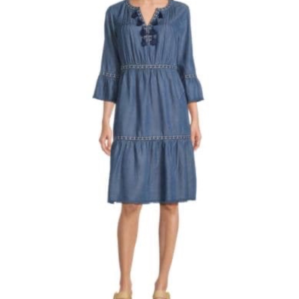 John Mark Embroidered Split V-Neck 3/4 Flounce Sleeve Tiered Dress Size S
